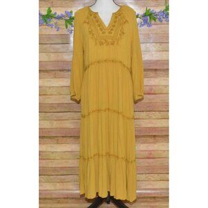 Old Navy Mustard Yellow Long Sleeve Tiered Peasant Boho Midi Dress Size L Modest